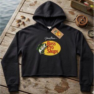 Bass Pro Shops Ladies Cropped Hoodie Size M With Logo Graphic Black Cotton-Polye